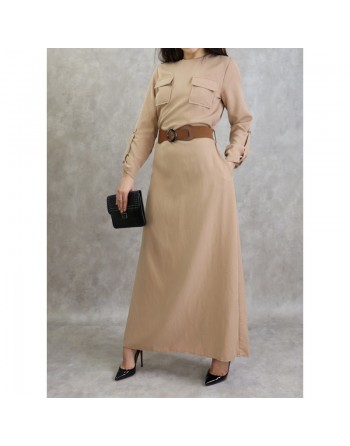 Robe longue évasée avec poches et ceinture marron - Couleur Beige 