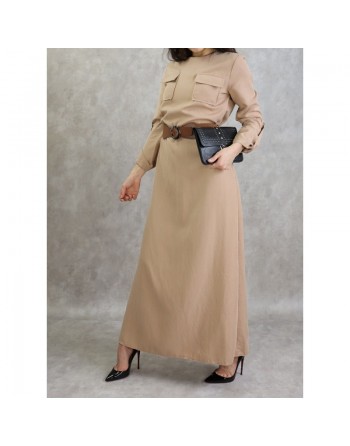 Robe longue évasée avec poches et ceinture marron - Couleur Beige 