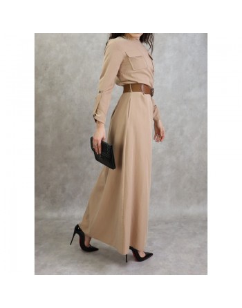 Robe longue évasée avec poches et ceinture marron - Couleur Beige 