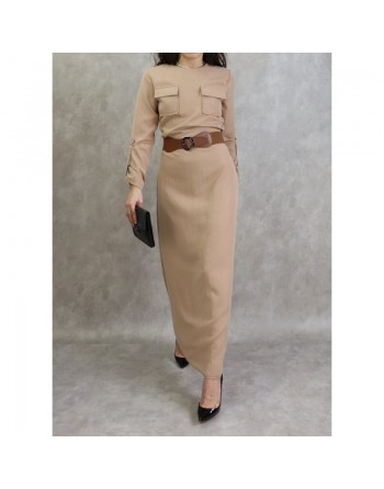 Robe longue évasée avec poches et ceinture marron - Couleur Beige 