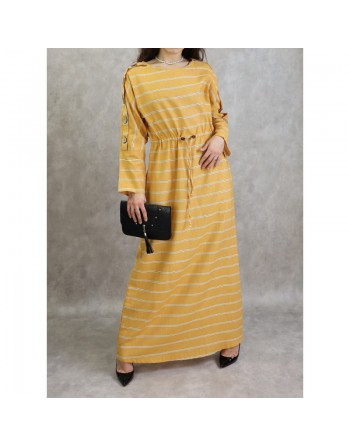 Robe longue en coton pour femme à rayures décorée de boutons - Couleur jaune 