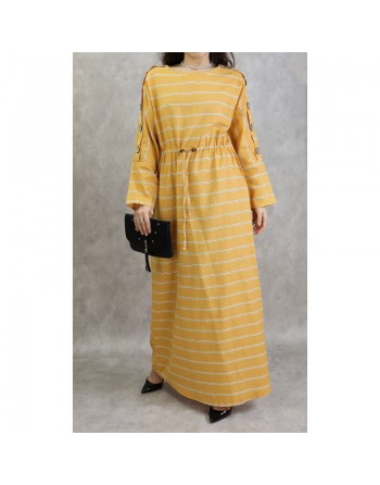 Robe longue en coton pour femme à rayures décorée de boutons - Couleur jaune 