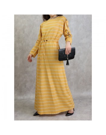 Robe longue en coton pour femme à rayures décorée de boutons - Couleur jaune 