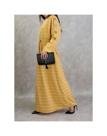 Robe longue en coton pour femme à rayures décorée de boutons - Couleur jaune 
