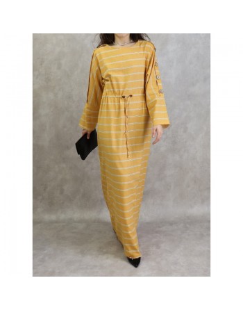 Robe longue en coton pour femme à rayures décorée de boutons - Couleur jaune 