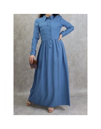 Robe casual longue boutonnée évasée pour femme - Couleur Bleu 