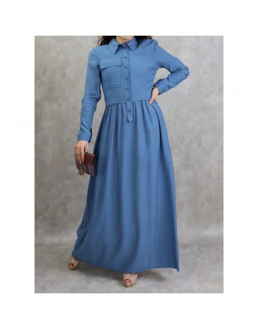 Robe casual longue boutonnée évasée pour femme - Couleur Bleu Robe casual longue boutonnée évasée pour femme - Couleur Bleu
