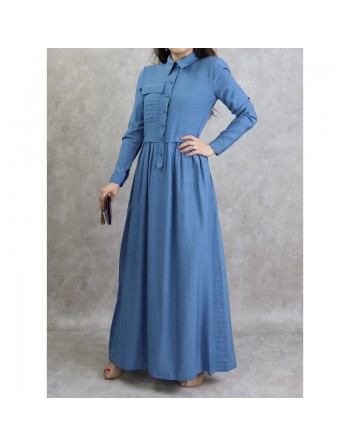 Robe casual longue boutonnée évasée pour femme - Couleur Bleu 