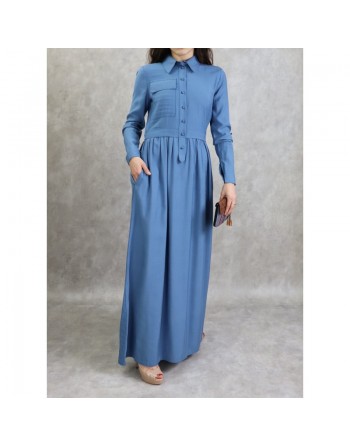 Robe casual longue boutonnée évasée pour femme - Couleur Bleu 