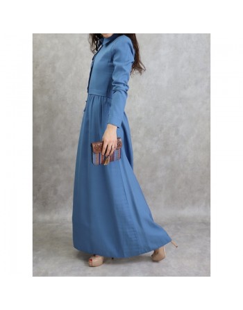 Robe casual longue boutonnée évasée pour femme - Couleur Bleu 