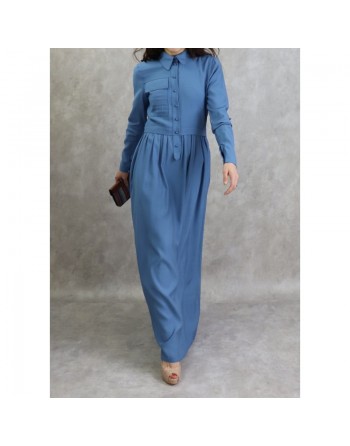 Robe casual longue boutonnée évasée pour femme - Couleur Bleu 