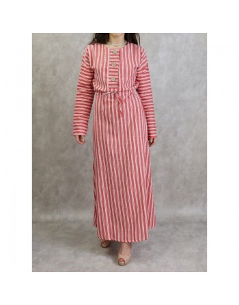 Robe à rayures à haut boutonné couleur Rouge 