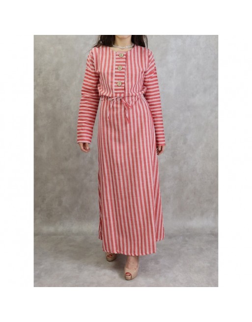 Robe à rayures à haut boutonné couleur Rouge Robe à rayures à haut boutonné couleur Rouge