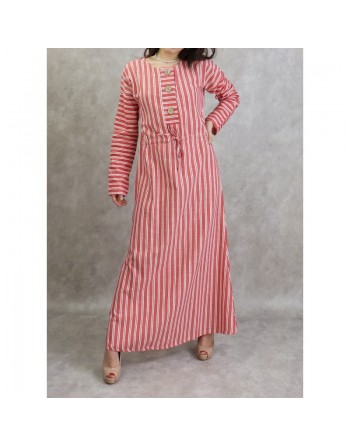 Robe à rayures à haut boutonné couleur Rouge 