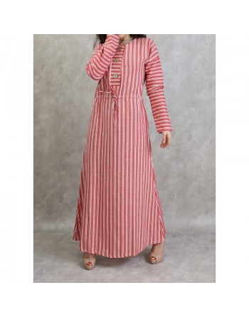 Robe à rayures à haut boutonné couleur Rouge 
