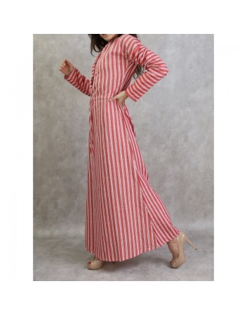 Robe à rayures à haut boutonné couleur Rouge 