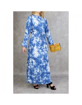 Robe longue en coton à imprimés délavés - Couleur bleu 