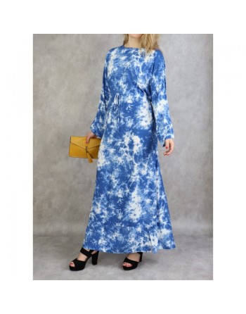 Robe longue en coton à imprimés délavés - Couleur bleu 