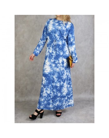Robe longue en coton à imprimés délavés - Couleur bleu 