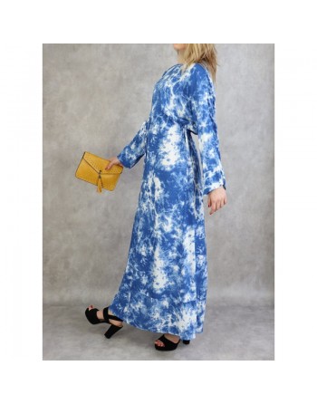Robe longue en coton à imprimés délavés - Couleur bleu 