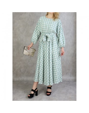 Robe à carreaux évasée - Couleur vert amande et blanc 