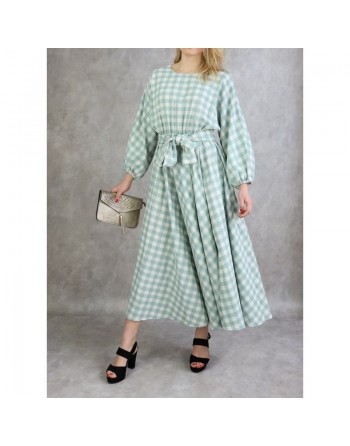 Robe à carreaux évasée - Couleur vert amande et blanc 