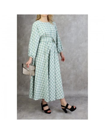 Robe à carreaux évasée - Couleur vert amande et blanc 