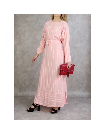 Robe longue en coton à rayures blanches - Couleur rose poudré 