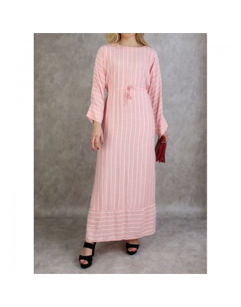 Robe longue en coton à rayures blanches - Couleur rose poudré 