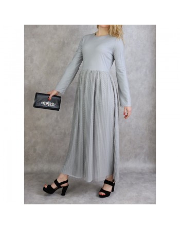 Robe de soirée longue plissée en tulle pour femme - Couleur gris clair 