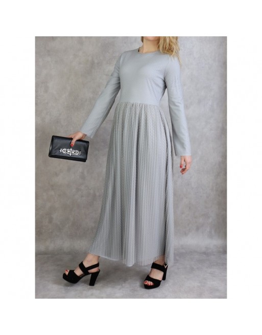 Robe de soirée longue plissée en tulle pour femme - Couleur gris clair Robe de soirée longue plissée en tulle pour femme - Couleur gris clair