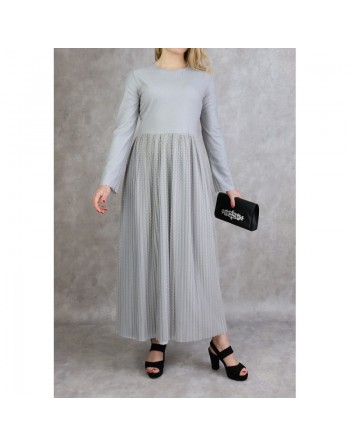 Robe de soirée longue plissée en tulle pour femme - Couleur gris clair 