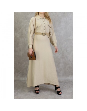 Robe longue évasée avec ceinture tressée - Couleur beige 
