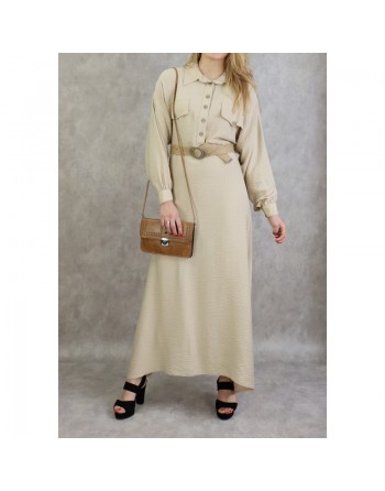Robe longue évasée avec ceinture tressée - Couleur beige 