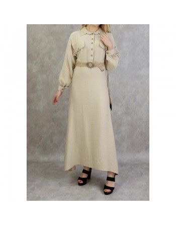 Robe longue évasée avec ceinture tressée - Couleur beige 