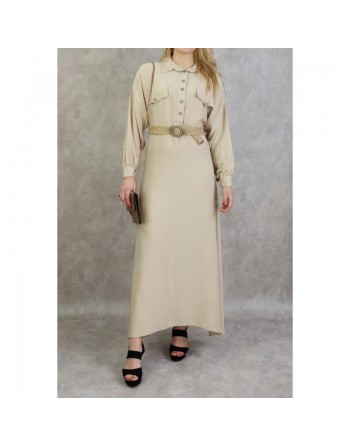 Robe longue évasée avec ceinture tressée - Couleur beige 