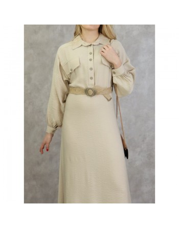 Robe longue évasée avec ceinture tressée - Couleur beige 