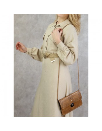 Robe longue évasée avec ceinture tressée - Couleur beige 