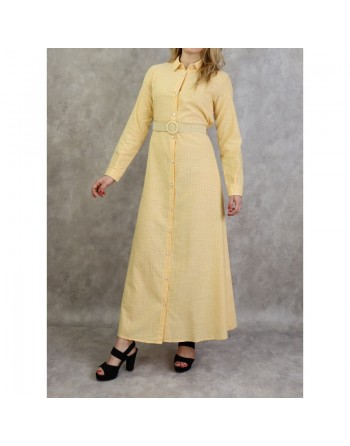 Robe-Chemise en coton à fines rayures blanches de couleur jaune paille avec ceinture assortie 