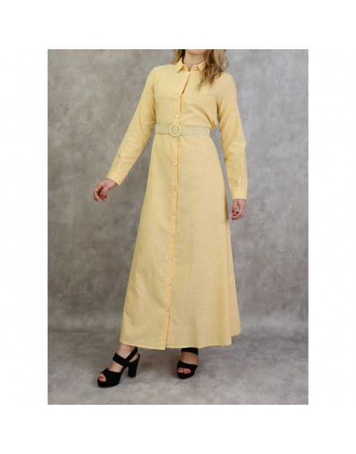 Robe-Chemise en coton à fines rayures blanches de couleur jaune paille avec ceinture assortie Robe-Chemise en coton à fines rayures blanches de couleur jaune paille avec ceinture assortie