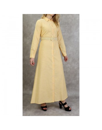 Robe-Chemise en coton à fines rayures blanches de couleur jaune paille avec ceinture assortie 