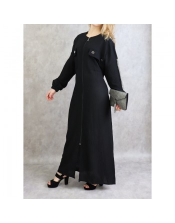 Robe noire maxi-longue à zip et bandes argentées - Robe moderne et casual pour femme 