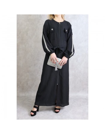 Robe noire maxi-longue à zip et bandes argentées - Robe moderne et casual pour femme 