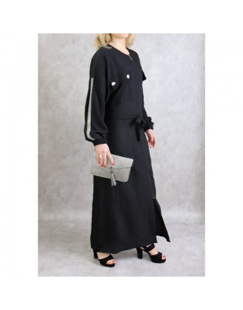 Robe noire maxi-longue à zip et bandes argentées - Robe moderne et casual pour femme 