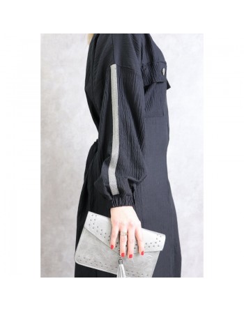 Robe noire maxi-longue à zip et bandes argentées - Robe moderne et casual pour femme 