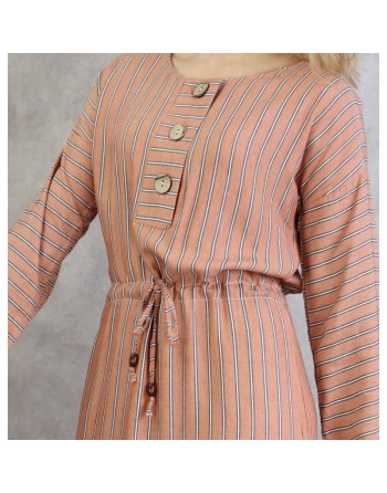 Robe à rayures à haut boutonné couleur Cuivre clair 