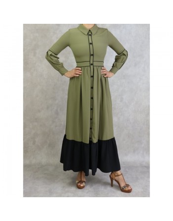 Robe longue évasée bicolore - Couleur kaki 