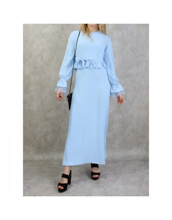 Robe longue casual fluide évasée à volants pour femme - Couleur bleu ciel 