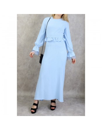 Robe longue casual fluide évasée à volants pour femme - Couleur bleu ciel 