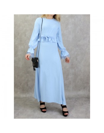 Robe longue casual fluide évasée à volants pour femme - Couleur bleu ciel 